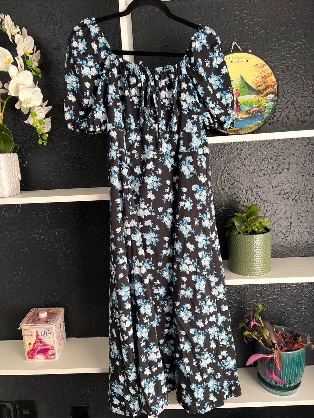 SHEIN Black Midi Dress with Blue Floral Print